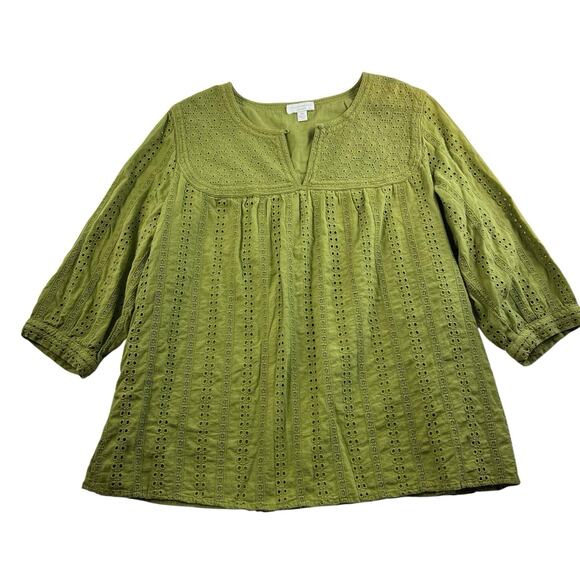 Charter Club Woman Plus 16W Blouse Green Eyelet Boho Peasant Keyhole 3/4 Sleeve - Picture 1 of 11